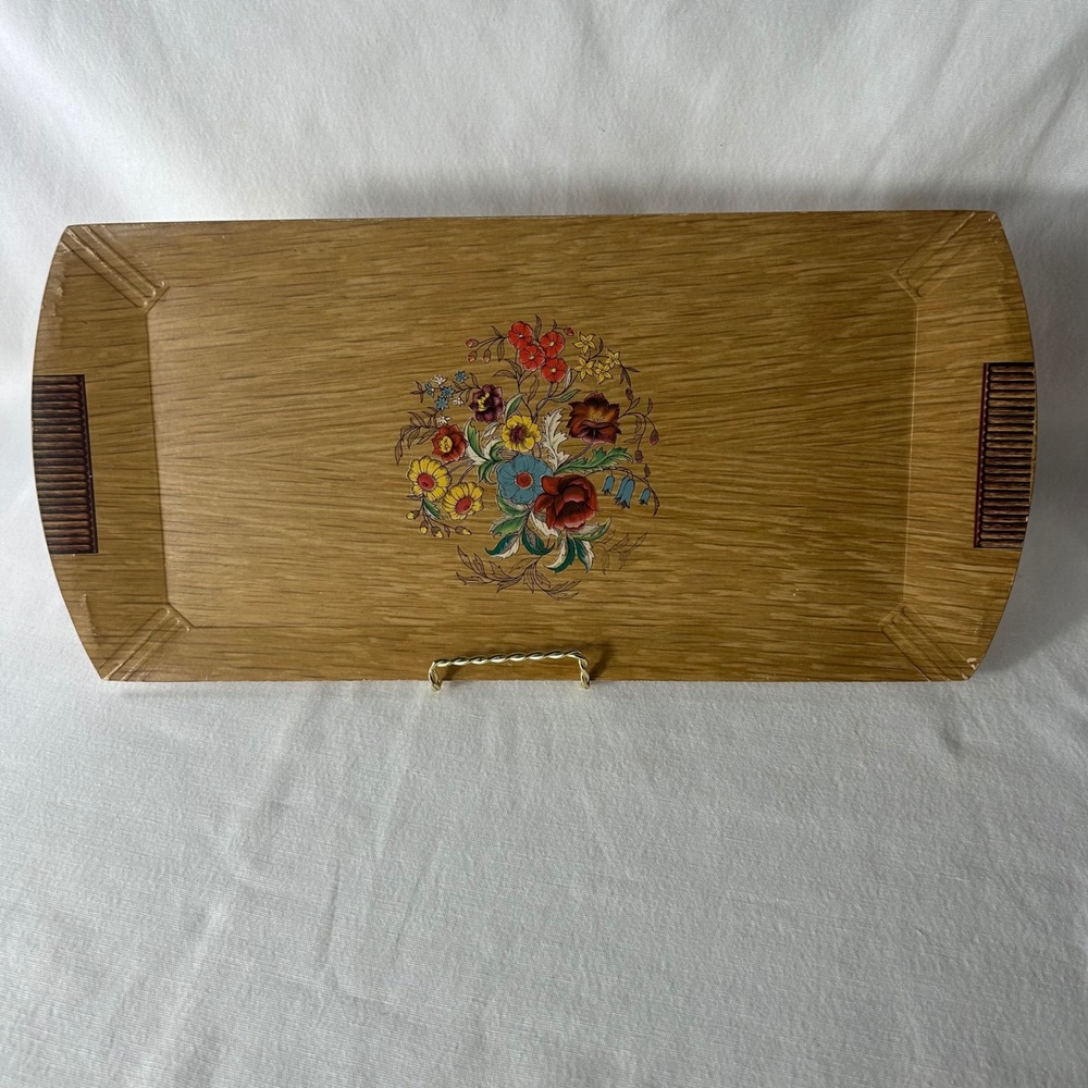 VTG Hasko Woodgrain Melamine Platter Tray Set of 4 Floral Mid Century MCM USA - Picture 2 of 16